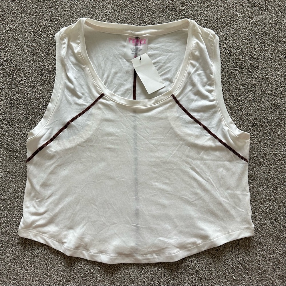 Terez Ivory WorkIt Cropped Crewneck Racerback Tank Top w/Brown‎ Piping XS